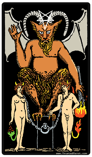 کارت کبیر دیو تصویری از یک اهریمن را نشان می دهد که دو زن و مرد رابه زنجیره کشده است