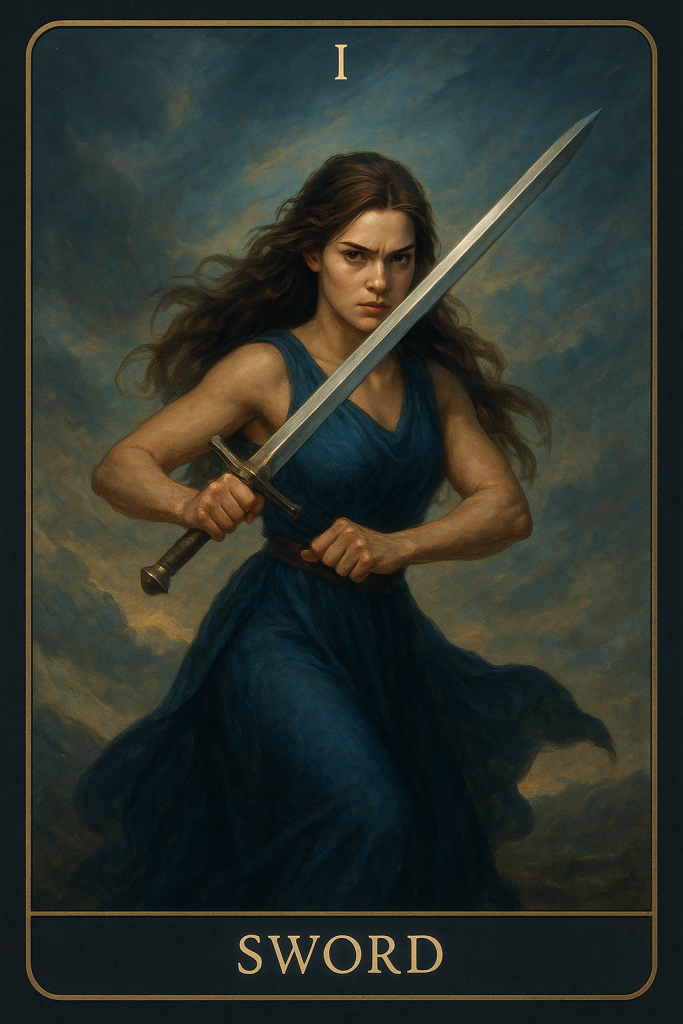 تصویری از خانمی که شمشیر در دست دارد