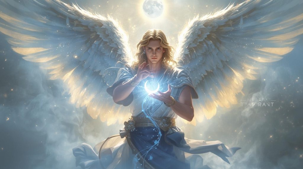 تصویری از فرشته میکائیل و نماد روز دوشنه با سمبل لونا در دست او برای مقاله معجزه دوشنبه