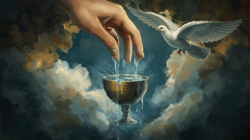 تصویری از جام آبی که درمیان ابرها قرار دارد با رنگ طلایی و ابرهایی که آن را احاطه کرد ه اند نماد کارت یک جام کارت تاروت